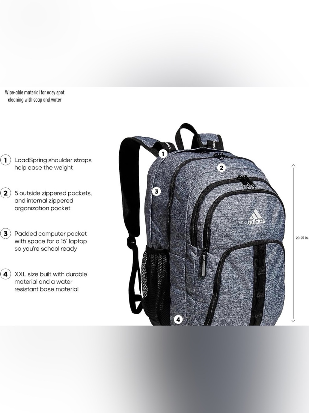 adidas Unisex Prime 6 Backpack, Jersey One Size, Grey/Black/White. Laptop bag.